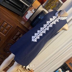 Navy Shift Dress with White Floral Trim